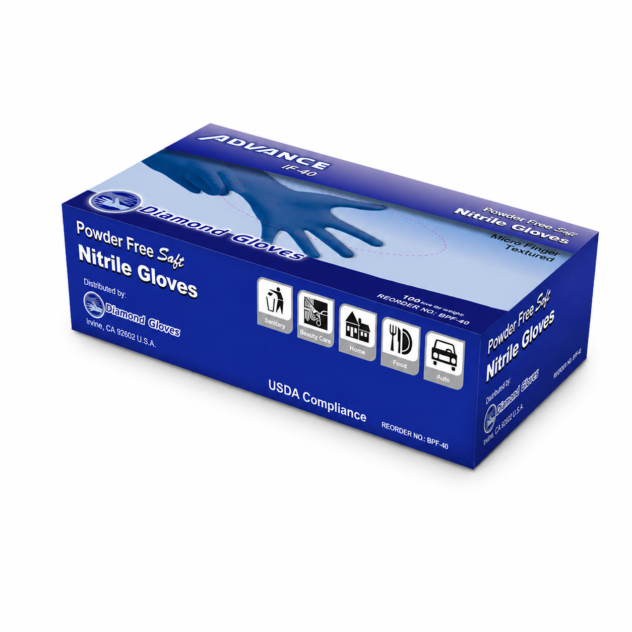Diamond nitrile gloves, 4-4.5 mil. exam, powder free, 10/100, 1000/case